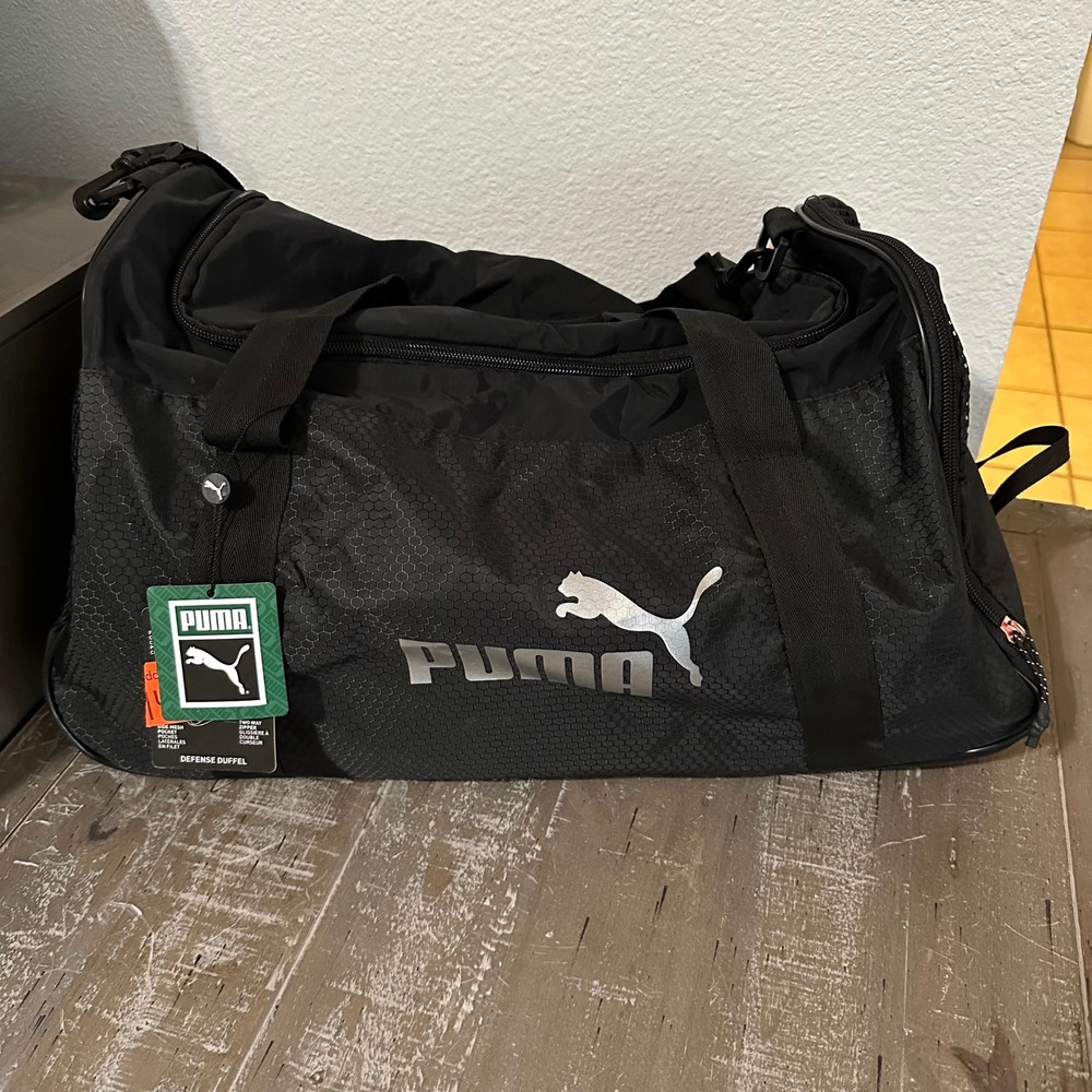 Puma Defense Duffel Bag Large Black Silver Logo Gym Travel Sports Fitness